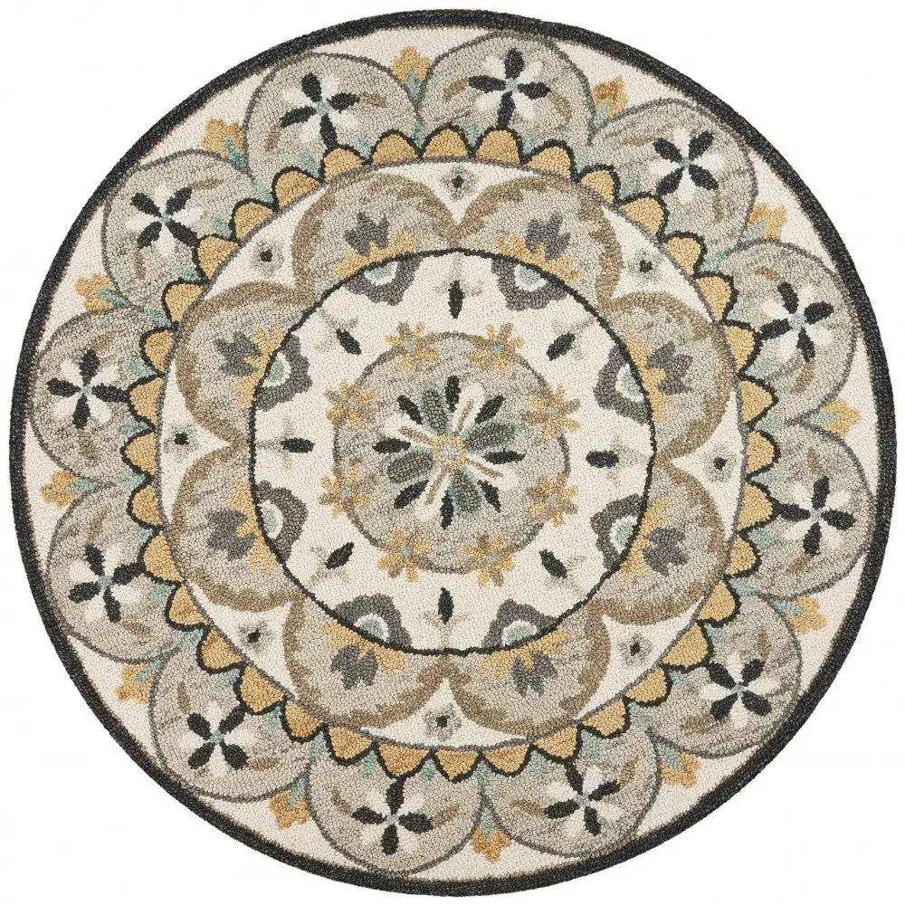 6' Gray and Ivory Round Wool Floral Handmade Area Rug - Homeroots - Flyclothing LLC