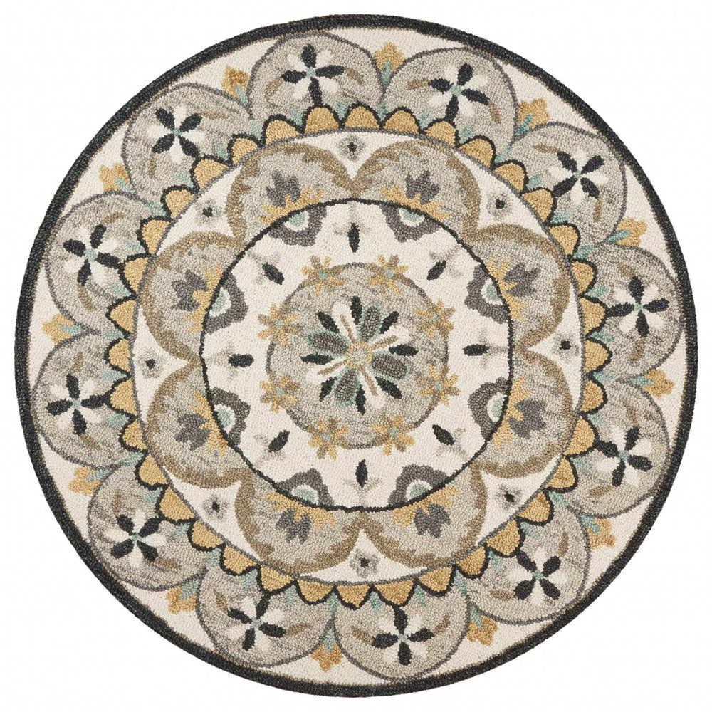 6' Gray and Ivory Round Wool Floral Handmade Area Rug - Homeroots - Flyclothing LLC