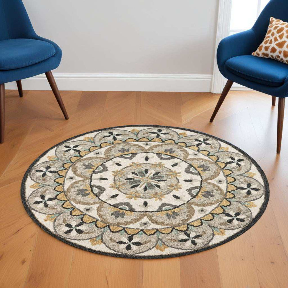 6' Gray and Ivory Round Wool Floral Handmade Area Rug - Homeroots - Flyclothing LLC