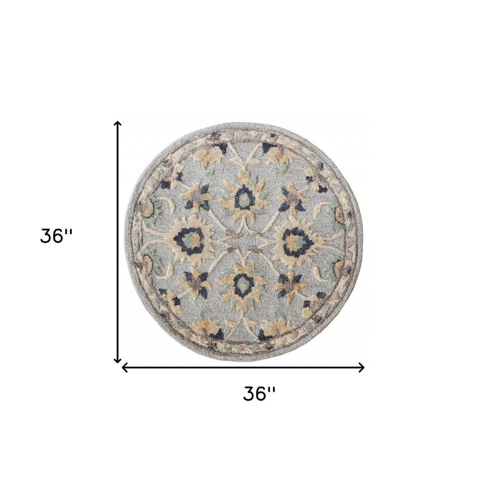 3' Round Beige and Blue Round Wool Floral Hand Woven Area Rug - Homeroots - Flyclothing LLC