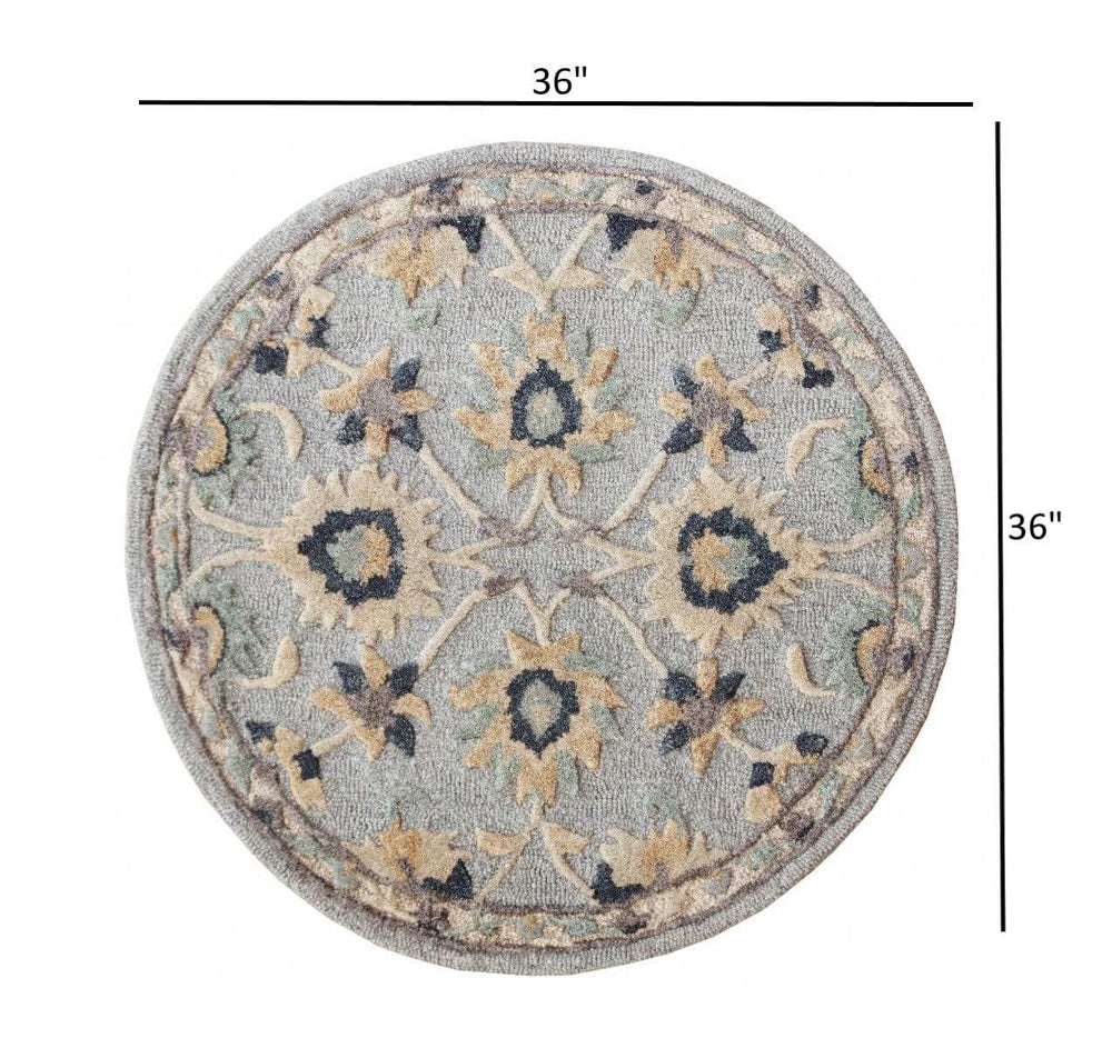 3' Round Beige and Blue Round Wool Floral Hand Woven Area Rug - Homeroots - Flyclothing LLC