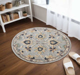 3' Round Beige and Blue Round Wool Floral Hand Woven Area Rug - Homeroots - Flyclothing LLC