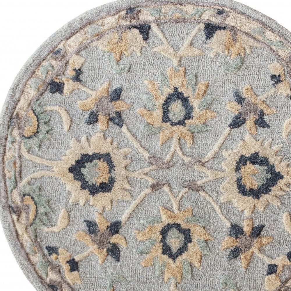 3' Round Beige and Blue Round Wool Floral Hand Woven Area Rug - Homeroots - Flyclothing LLC