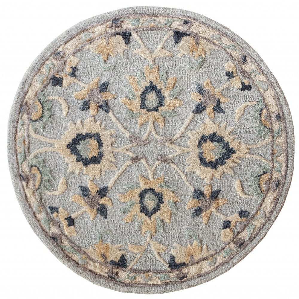 3' Round Beige and Blue Round Wool Floral Hand Woven Area Rug - Homeroots - Flyclothing LLC