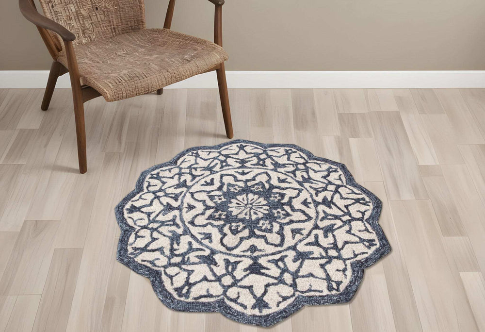 3' Round Navy And White Decorative Area Rug - Homeroots - Flyclothing LLC