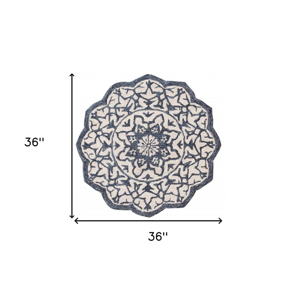 3' Round Navy And White Decorative Area Rug - Homeroots - Flyclothing LLC