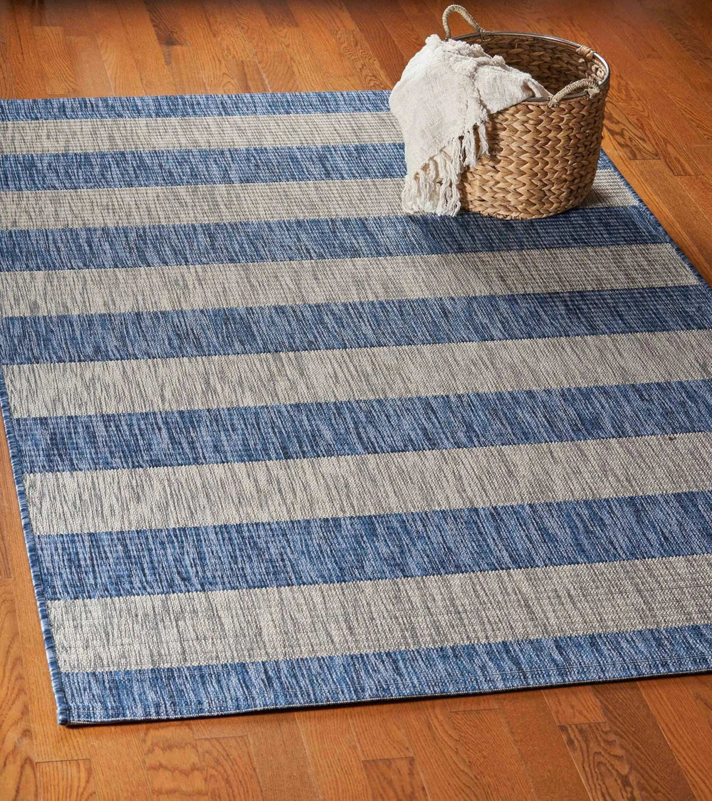 8' X 10' Blue And Gray Striped Indoor Outdoor Area Rug - Homeroots - Flyclothing LLC