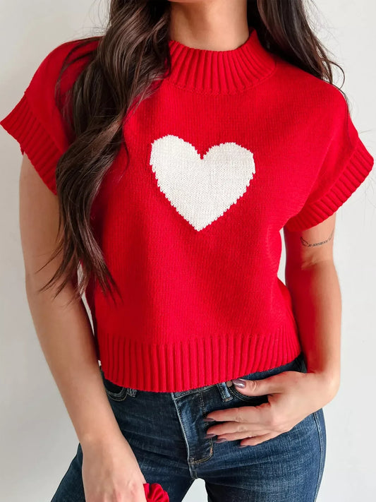 Heart Ribbed Hem Short Sleeve Sweater - Trendsi - Flyclothing LLC