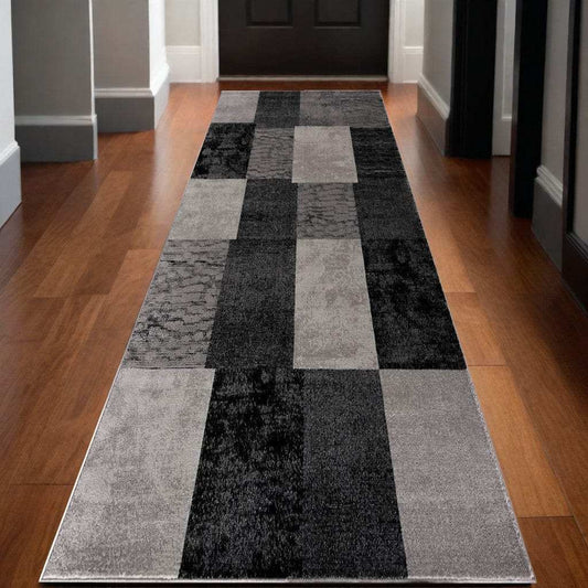 13' Runner Grey Checkered Power Loom Runner Rug - Homeroots - Flyclothing LLC