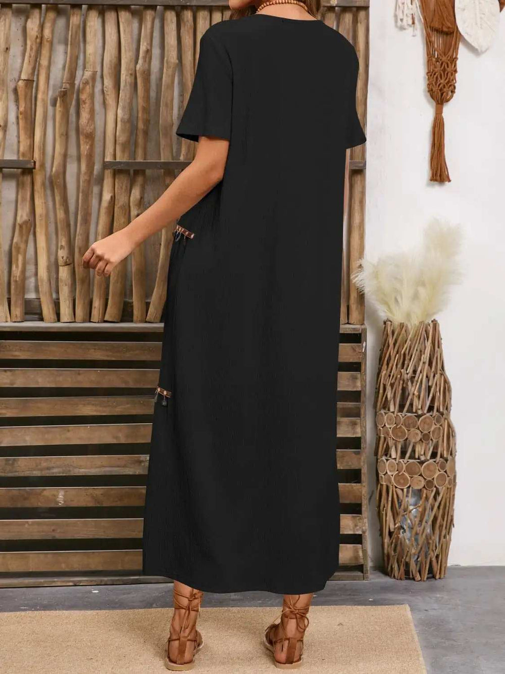 V-Neck Short Sleeve Midi Dress - Trendsi - Flyclothing LLC