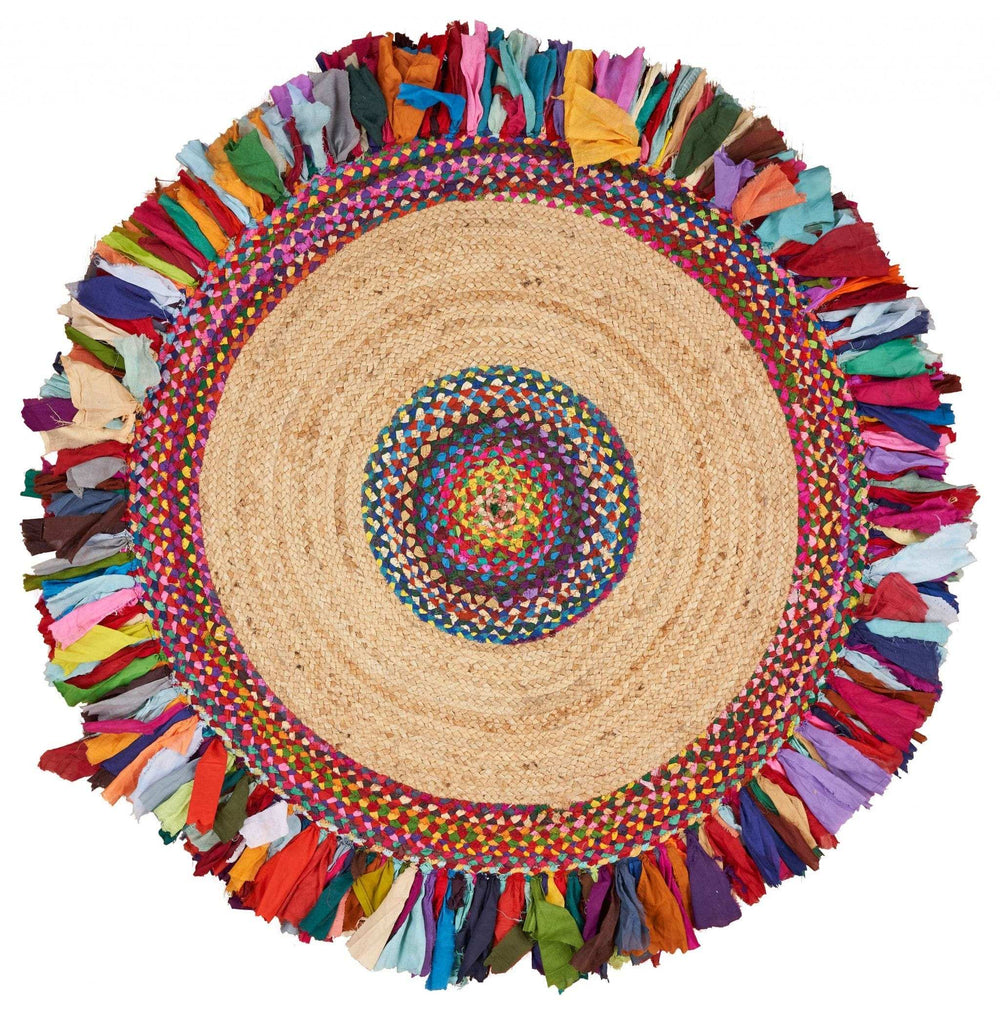 Natural Jute Multicolored Medallion Area Rug With Fringe - Homeroots - Flyclothing LLC