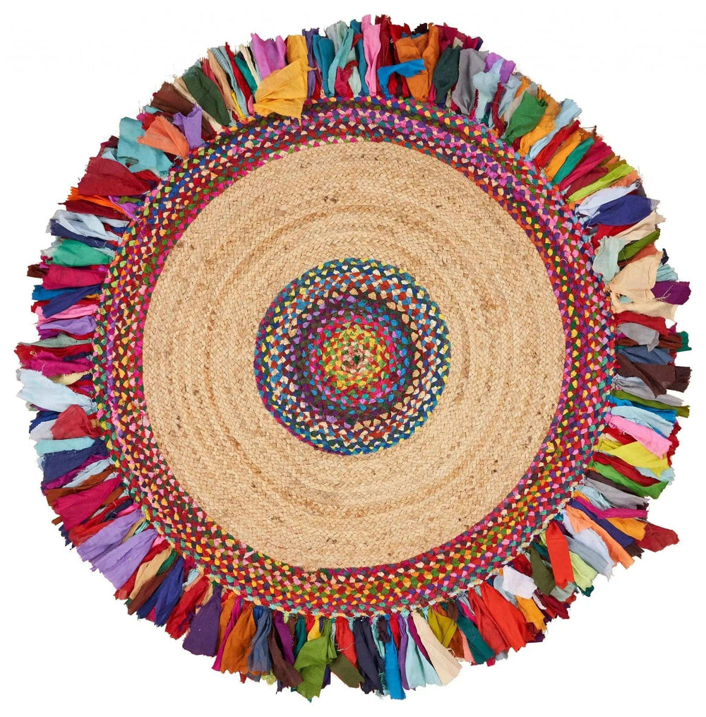 Natural Jute Multicolored Medallion Area Rug With Fringe - Homeroots - Flyclothing LLC