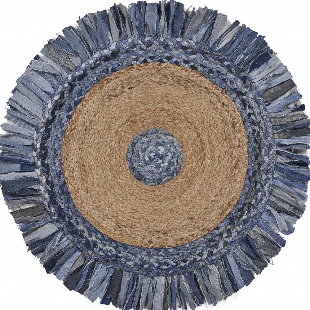 Denim And Natural Jute Fringed Round Rug - Homeroots - Flyclothing LLC