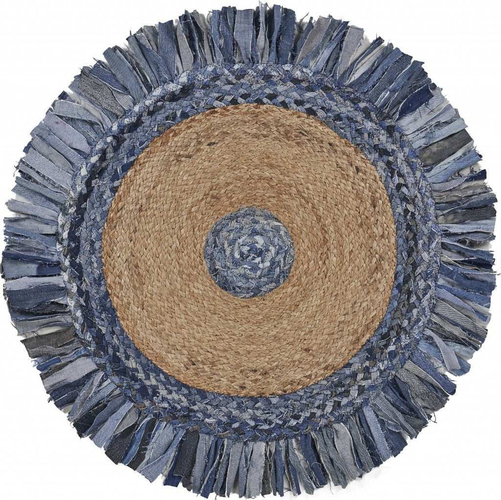 Denim And Natural Jute Fringed Round Rug - Homeroots - Flyclothing LLC