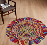 4' Rainbow Multi Round Hand Woven Jute Area Rug With Fringe - Homeroots - Flyclothing LLC