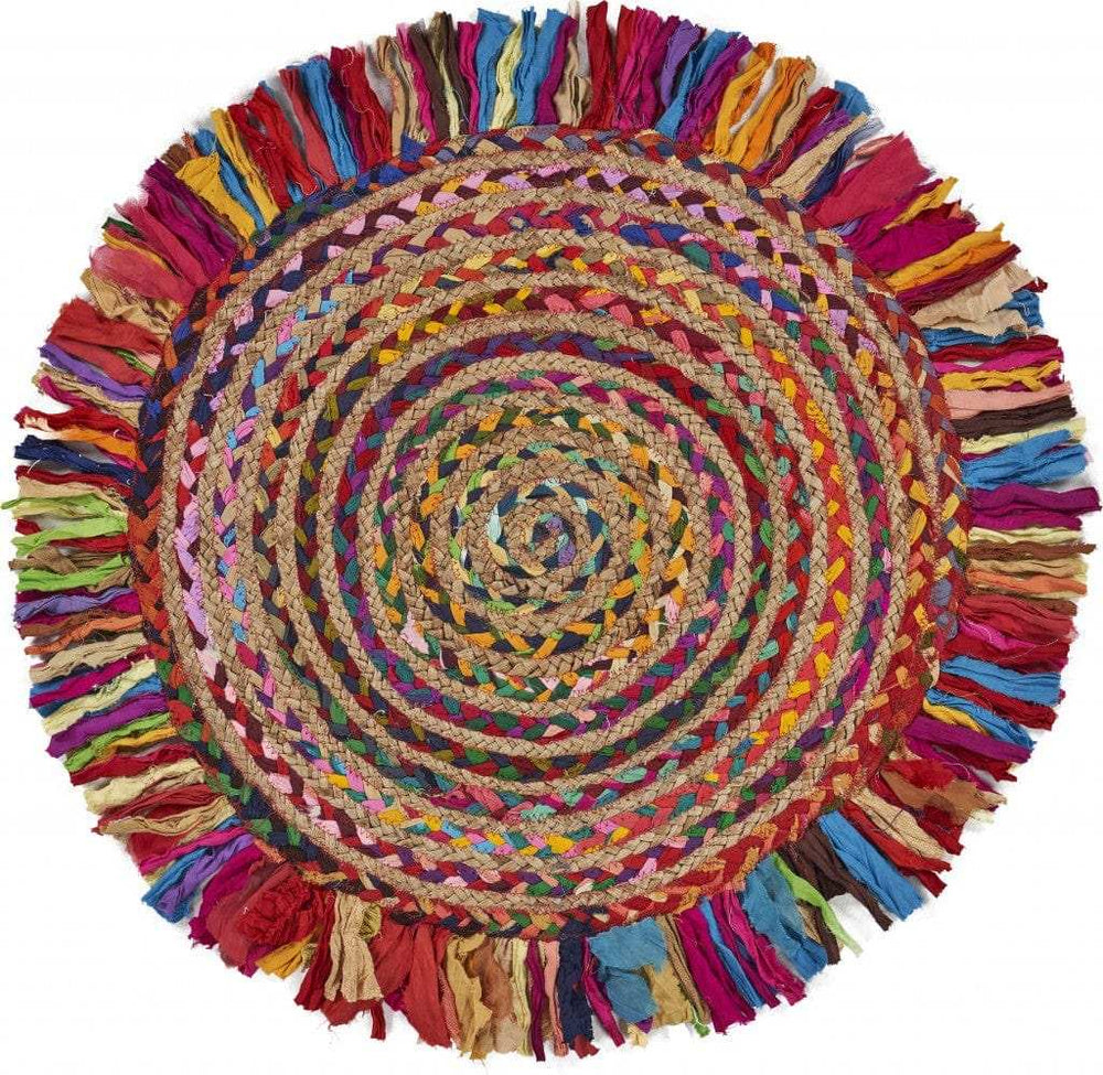 Multicolored Chindi And Natural Jute Fringed Round Rug - Homeroots - Flyclothing LLC