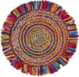 Multicolored Chindi And Natural Jute Fringed Round Rug - Homeroots - Flyclothing LLC