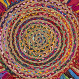 Multicolored Chindi And Natural Jute Fringed Round Rug - Homeroots - Flyclothing LLC