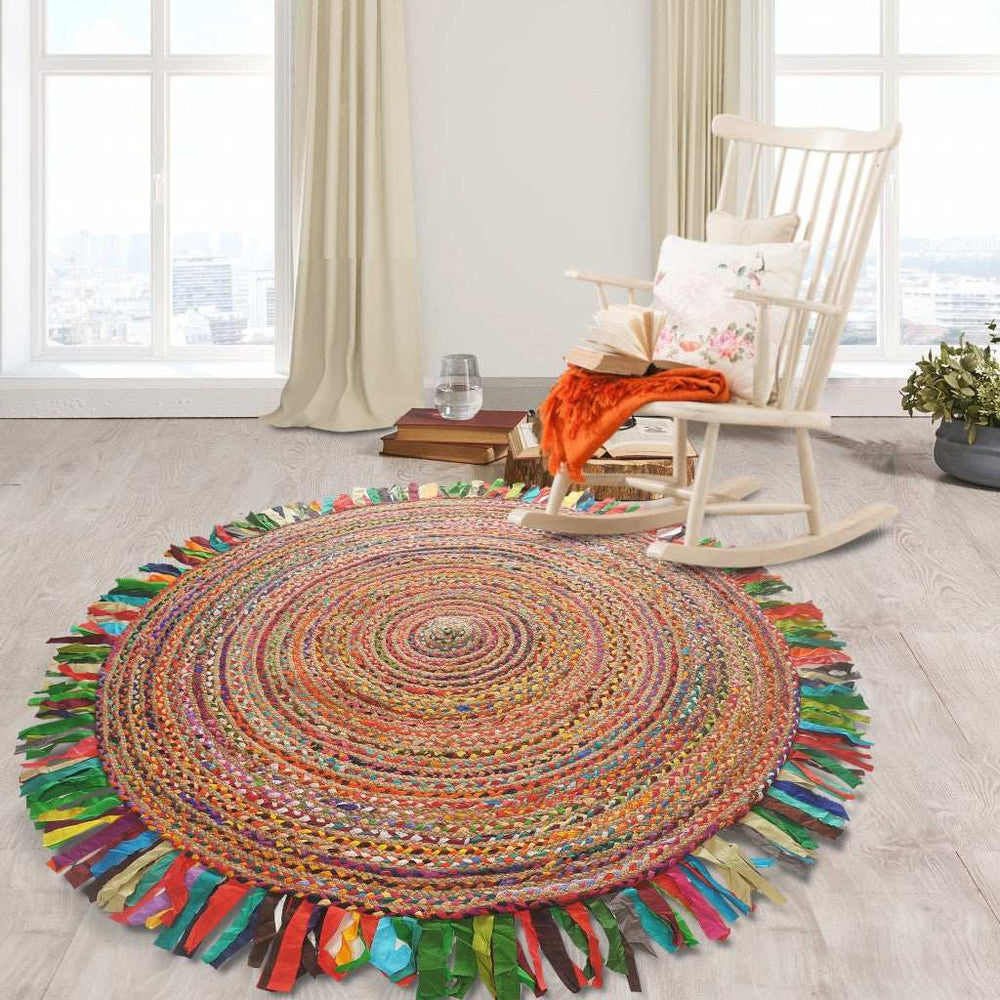 Multicolored Chindi And Natural Jute Fringed Round Rug - Homeroots - Flyclothing LLC