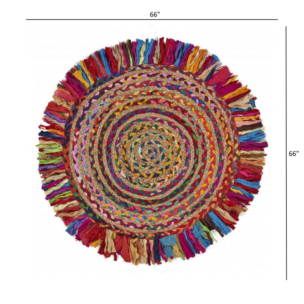 Multicolored Chindi And Natural Jute Fringed Round Rug - Homeroots - Flyclothing LLC