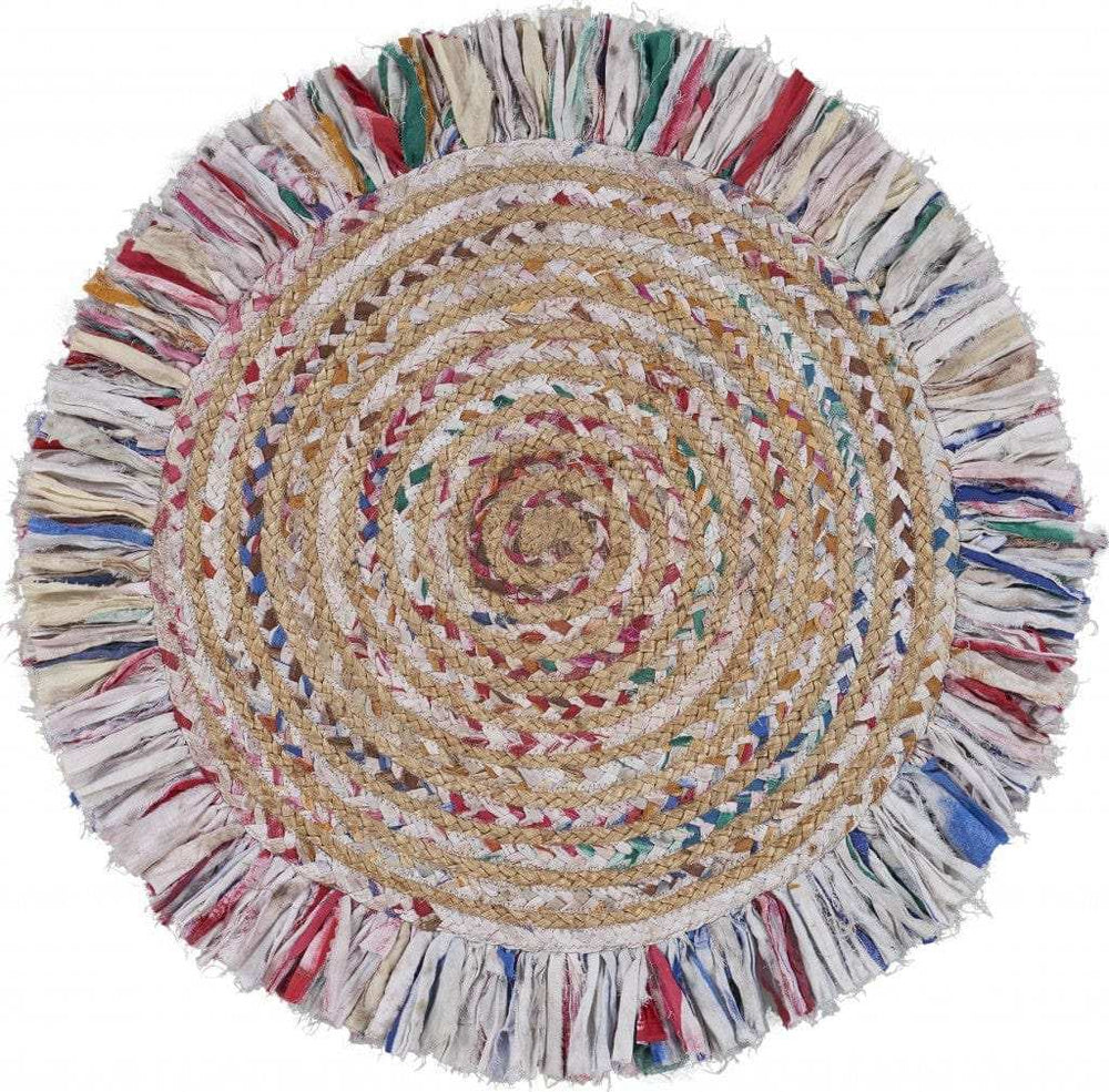 Bleached Multicolored Chindi And Natural Jute Fringed Round Rug - Homeroots - Flyclothing LLC
