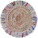 Bleached Multicolored Chindi And Natural Jute Fringed Round Rug - Homeroots - Flyclothing LLC