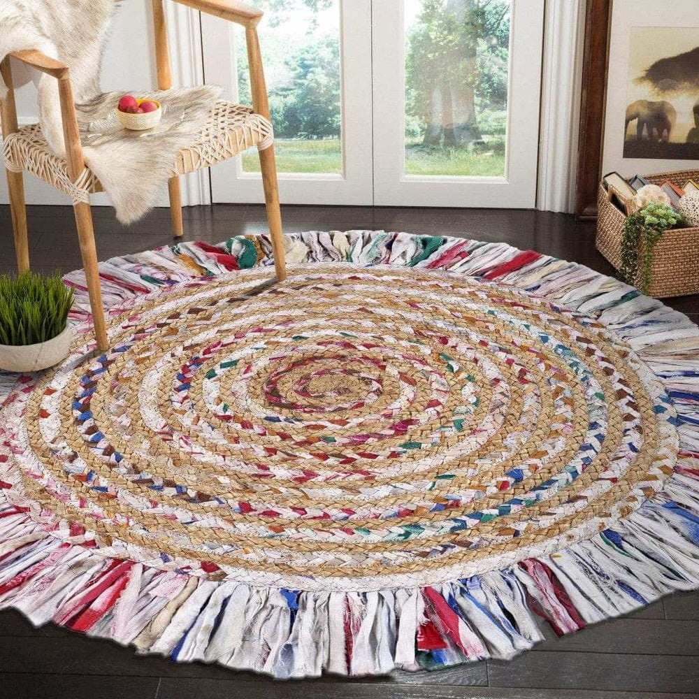 Bleached Multicolored Chindi And Natural Jute Fringed Round Rug - Homeroots - Flyclothing LLC