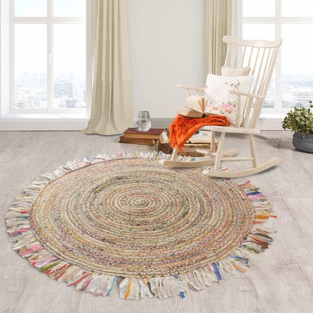 Bleached Multicolored Chindi And Natural Jute Fringed Round Rug - Homeroots - Flyclothing LLC
