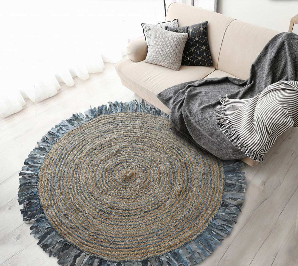 Denim And Natural Jute Round Swirl Fringed Rug - Homeroots - Flyclothing LLC