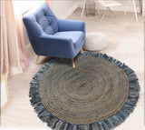 Denim And Natural Jute Round Swirl Fringed Rug - Homeroots - Flyclothing LLC