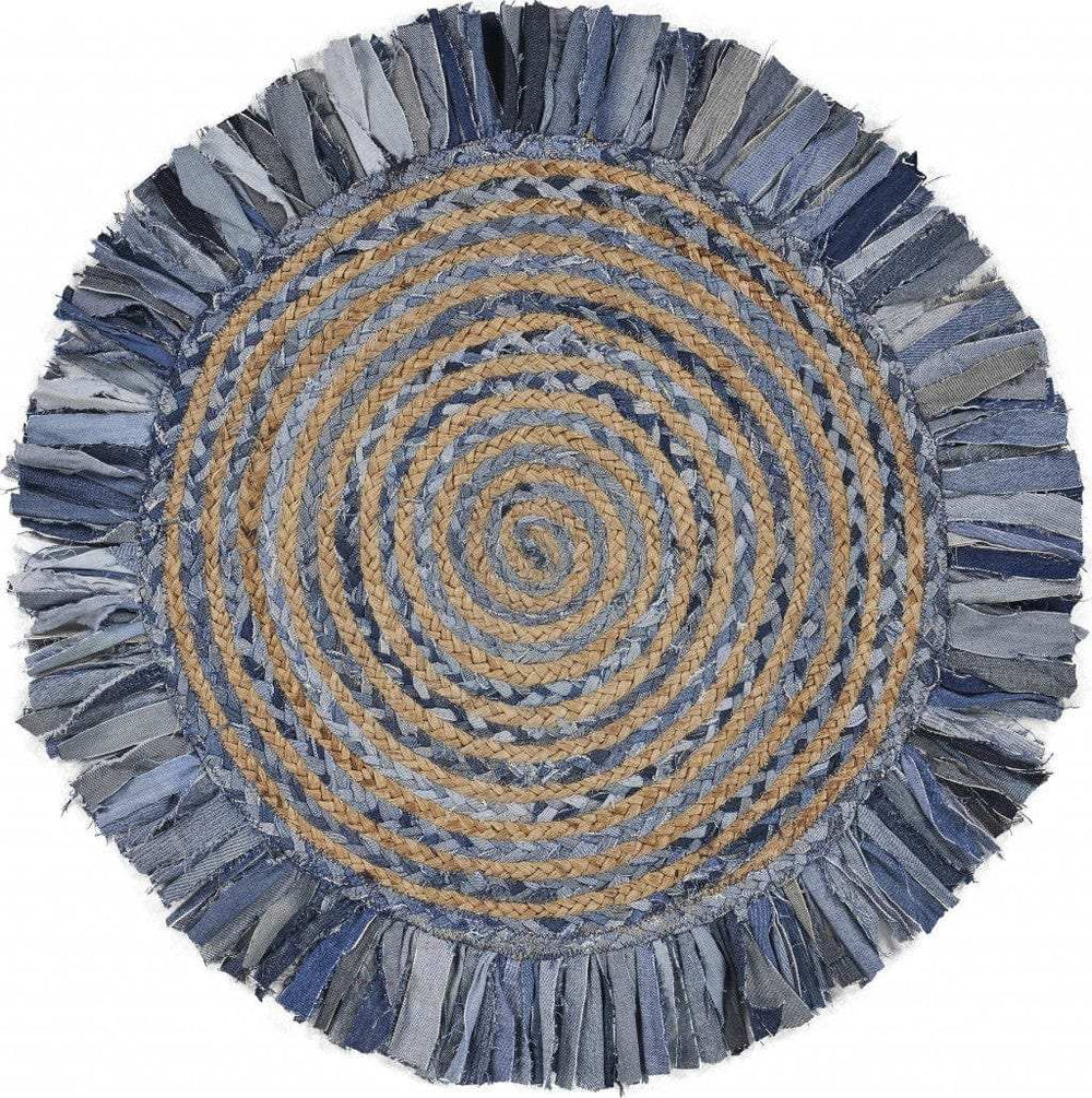 Denim And Natural Jute Round Swirl Fringed Rug - Homeroots - Flyclothing LLC