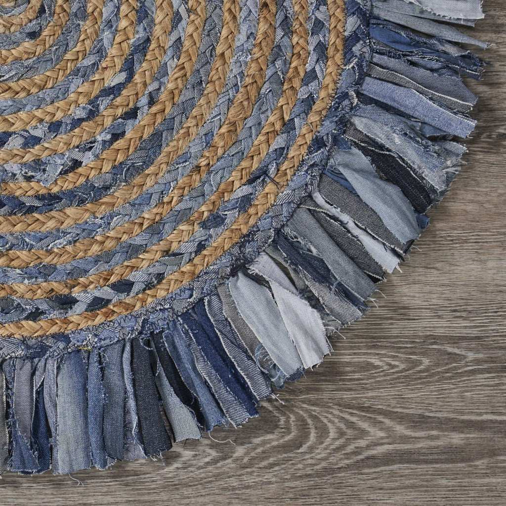 Denim And Natural Jute Round Swirl Fringed Rug - Homeroots - Flyclothing LLC
