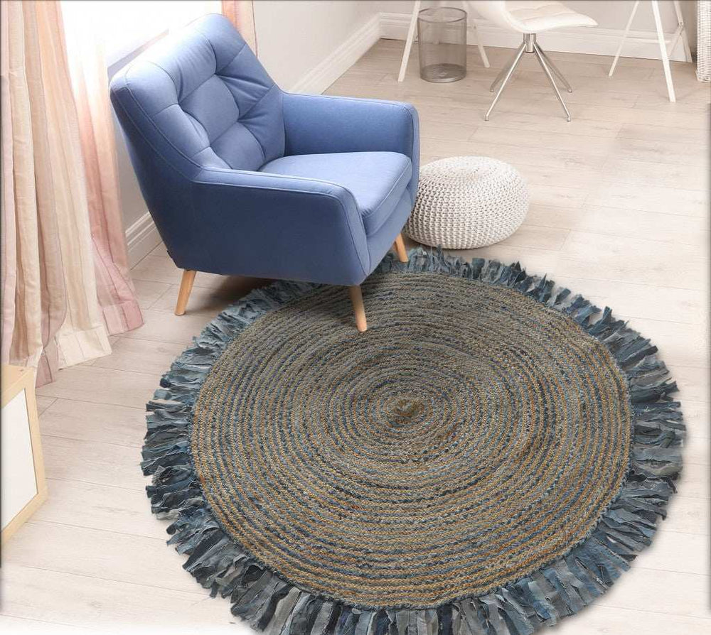 Denim And Natural Jute Round Swirl Fringed Rug - Homeroots - Flyclothing LLC