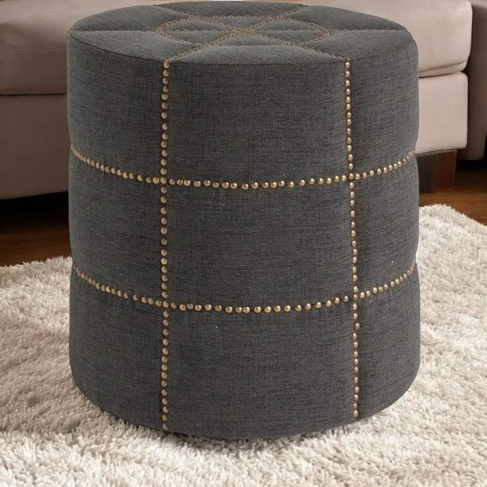 20" Gray Linen Round Footstool Ottoman - Homeroots