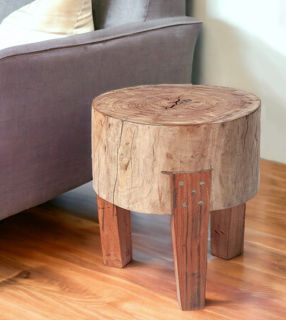 15" Dark Brown And Brown Distressed Reclaimed Wood Round End Table - Homeroots