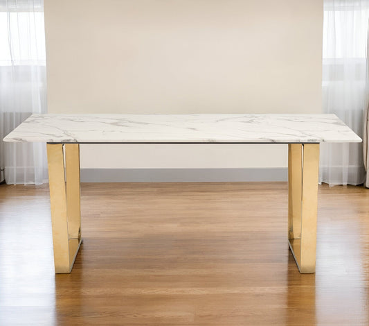71" White And Gold Faux Marble And Steel Sled Base Dining Table - Homeroots
