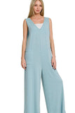 Zenana French Terry Deep V Neck Jumpsuits - Trendsi - Flyclothing LLC