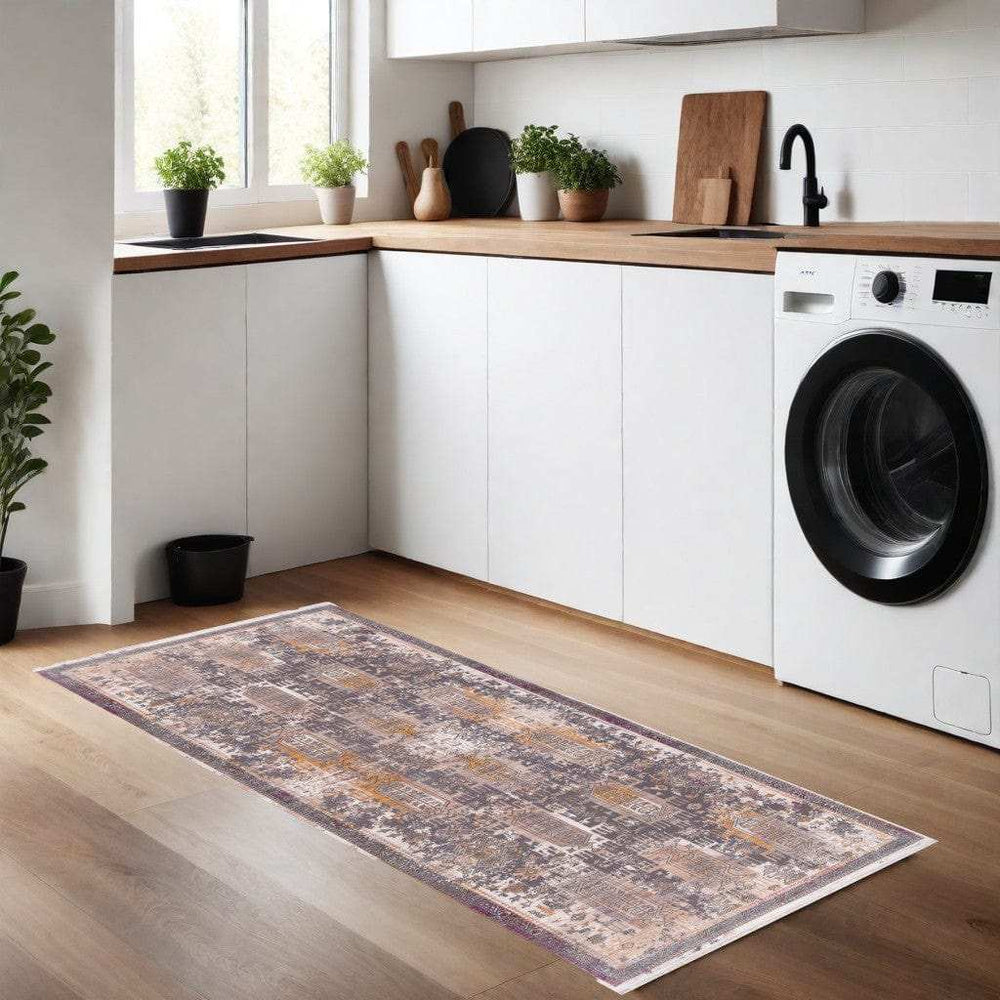 8' Runner Gray and Ivory Oriental Power Loom Distressed Runner Rug - Homeroots - Flyclothing LLC