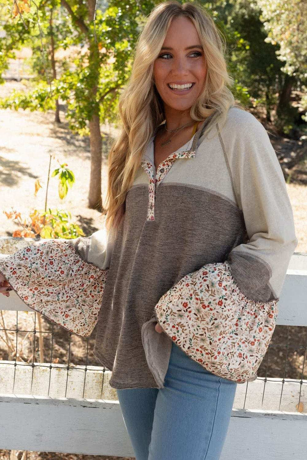 Floral Half Button Long Sleeve T-Shirt - Trendsi - Flyclothing LLC