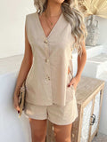 Devine Button Down V-Neck Tank and Shorts Set - Trendsi - Flyclothing LLC