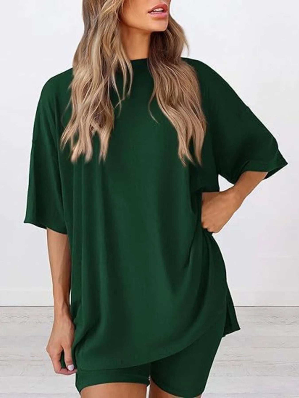 Full Size Oversized Slit Round Neck Top and Shorts Lounge Set Plus Size - Trendsi - Flyclothing LLC