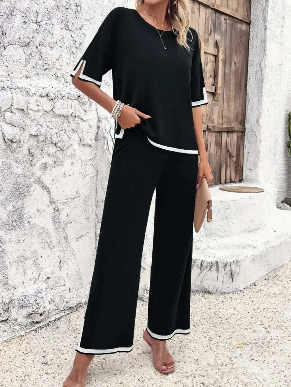 Contrast Trim Round Neck Top and Pants Set - Trendsi - Flyclothing LLC