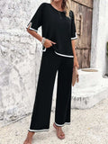 Contrast Trim Round Neck Top and Pants Set - Trendsi - Flyclothing LLC