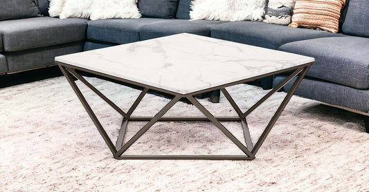 36" White Faux Marble And Steel Square Coffee Table