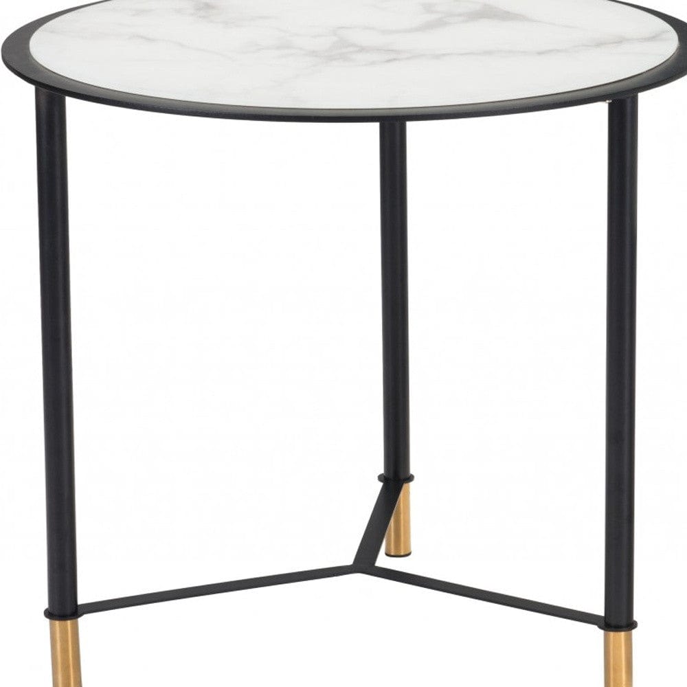 Set of Two 32" White And Black Glass Faux Marble And Steel Round Bunching Coffee Tables - Homeroots - Flyclothing LLC