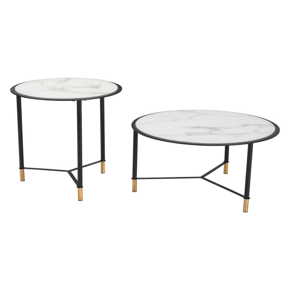 Set of Two 32" White And Black Glass Faux Marble And Steel Round Bunching Coffee Tables - Homeroots - Flyclothing LLC