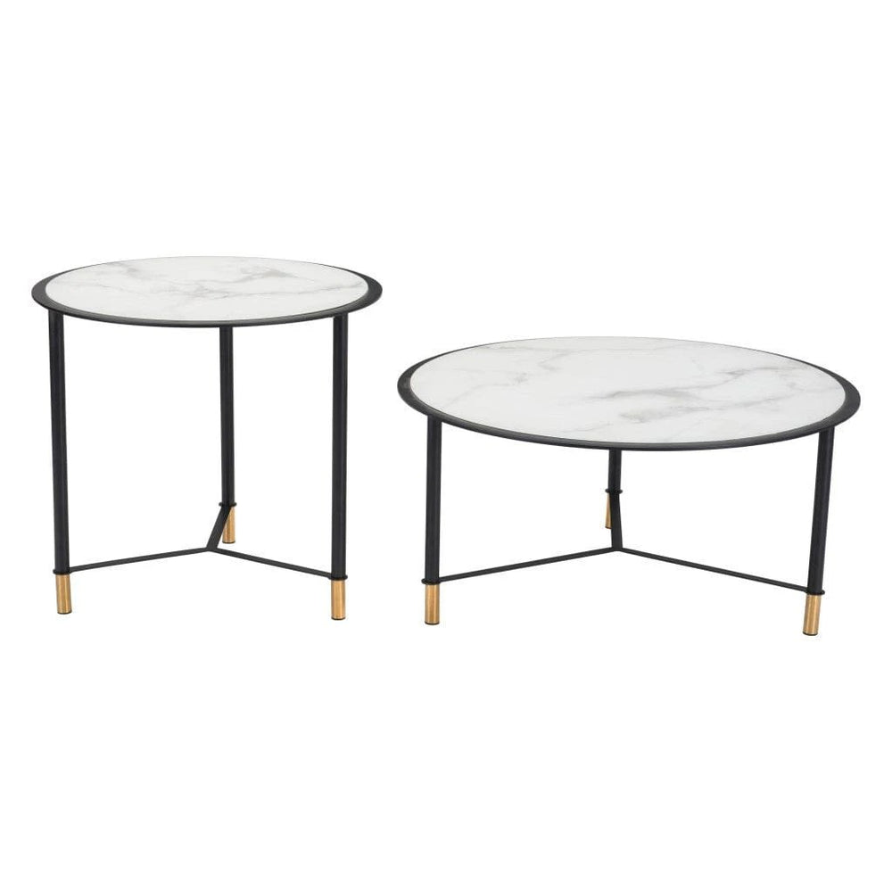 Set of Two 32" White And Black Glass Faux Marble And Steel Round Bunching Coffee Tables - Homeroots - Flyclothing LLC