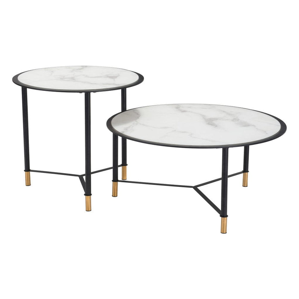 Set of Two 32" White And Black Glass Faux Marble And Steel Round Bunching Coffee Tables - Homeroots - Flyclothing LLC