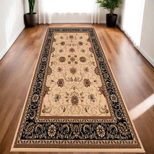 20' Runner Black and Ivory Oriental Power Loom Runner Rug - Homeroots - Flyclothing LLC