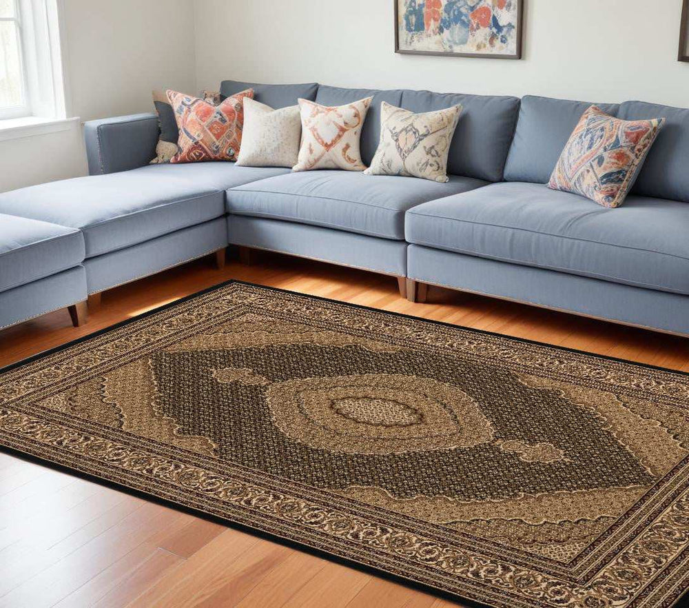 7' X 9' Beige and Black Medallion Power Loom Area Rug - Homeroots - Flyclothing LLC